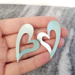 Vintage Baby Blue Enamel Heart Post Earrings, Metallic, Retro 80s Design